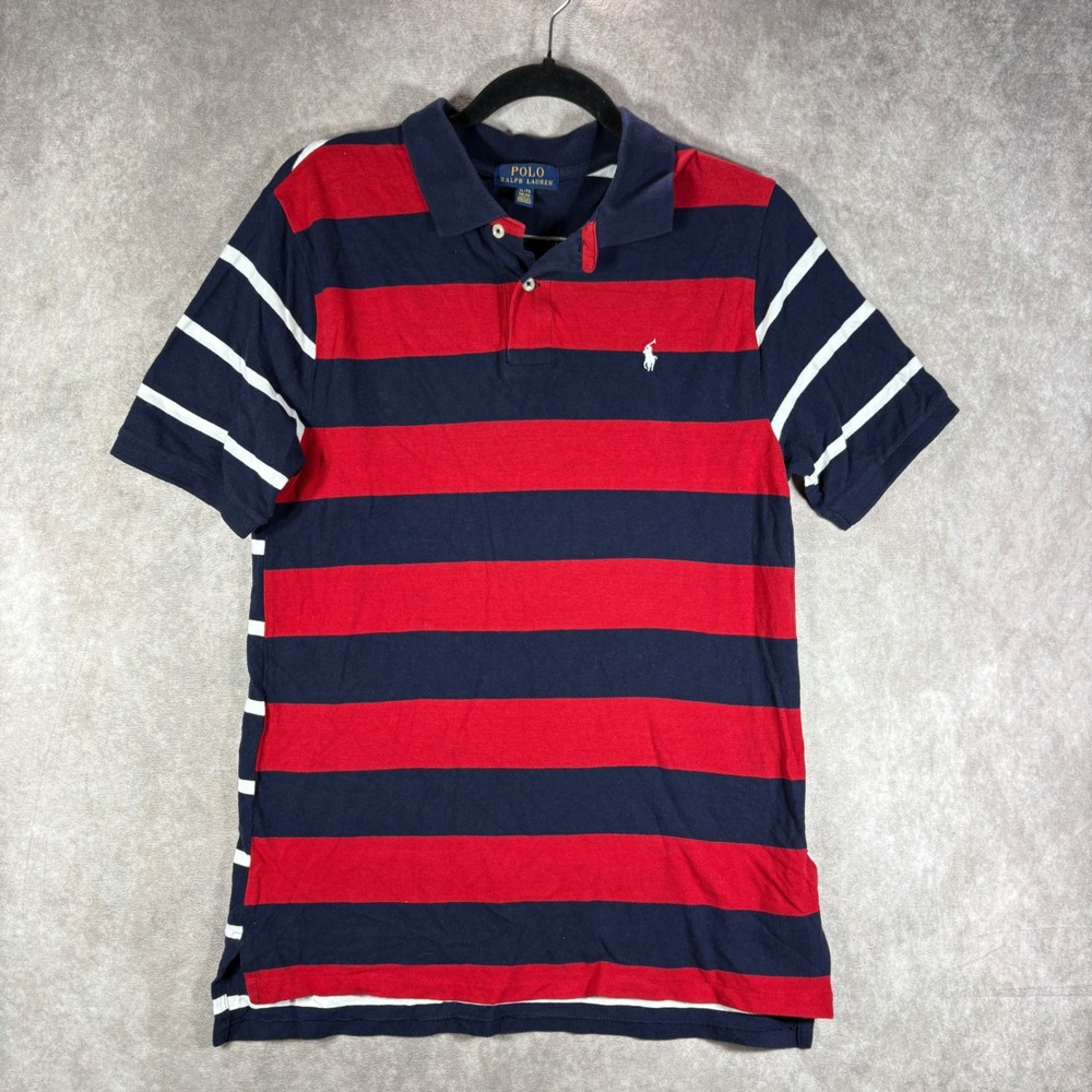 Polo Ralph Lauren Polo Shirt Boys XL 18-20 Blue Red Striped Short Sleeve‎ Cotton